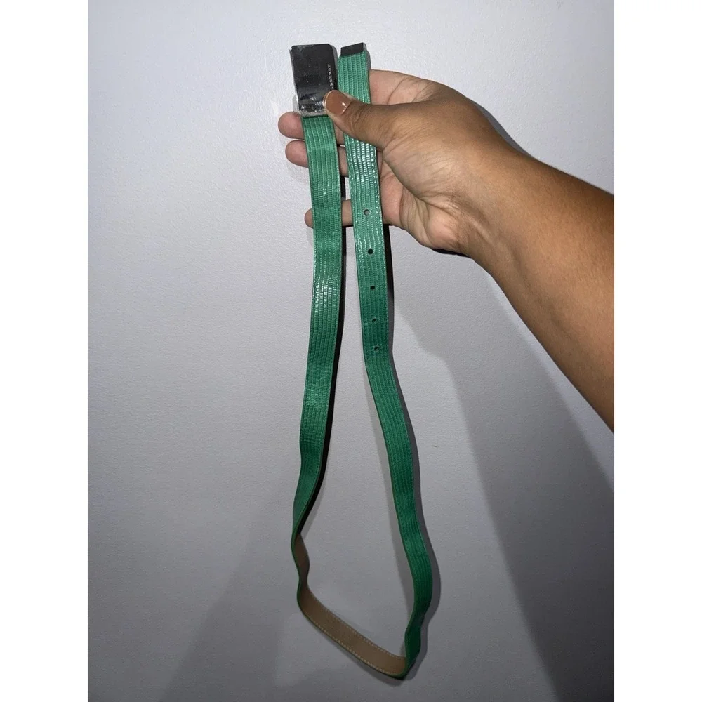 BURBERRY Haymarket Skinny Belt Green Silver Tone Buckle 40/100 43